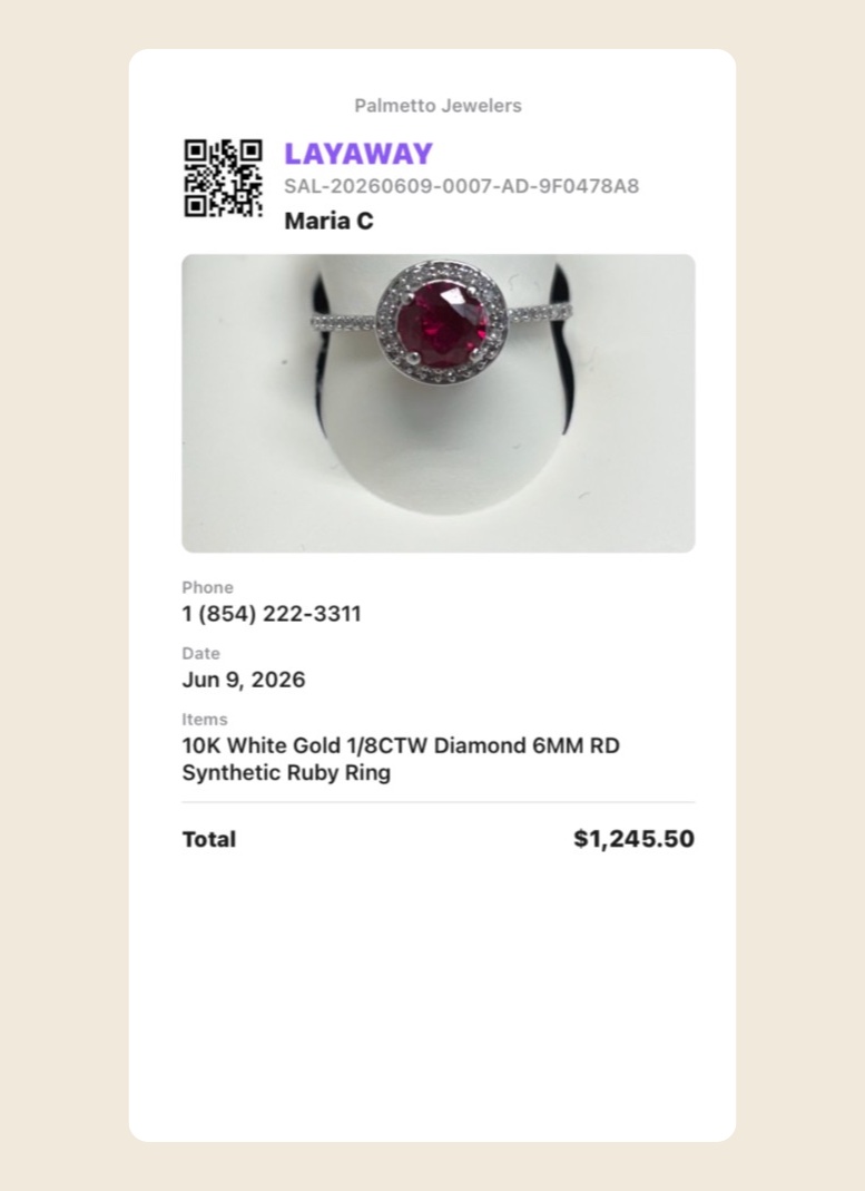 Sample Jewelers Flow AirPrint layaway envelope insert with the piece photo