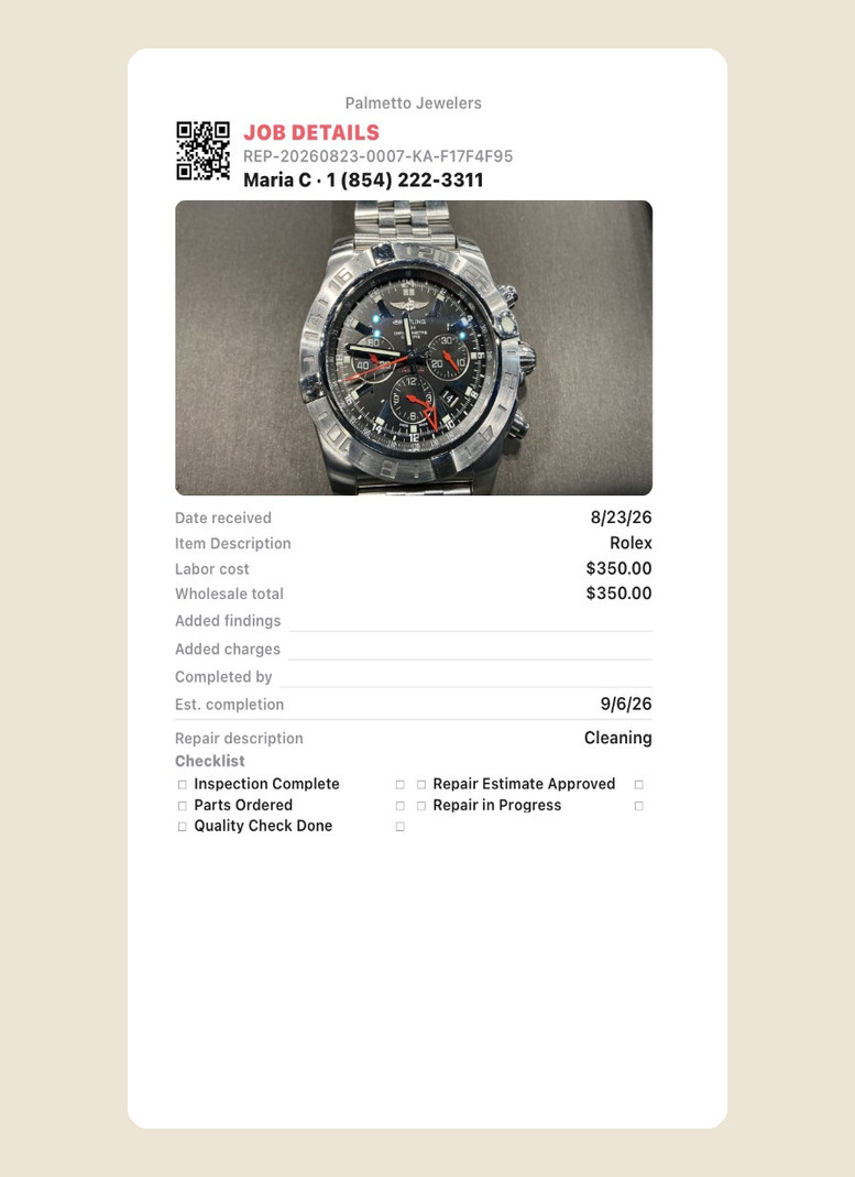 Sample Jewelers Flow AirPrint workshop job card with the piece photo