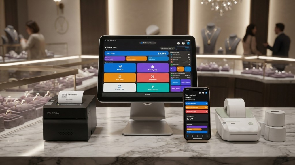 Full Jewelers Flow register on a jewelry counter: iPad, iPhone, receipt printer, and tag printer