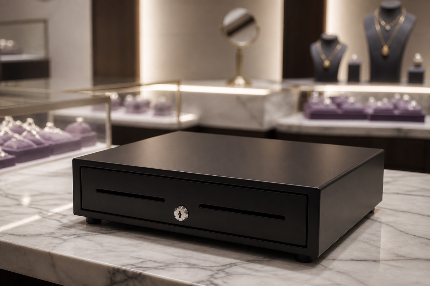 Black cash drawer for a jewelry counter