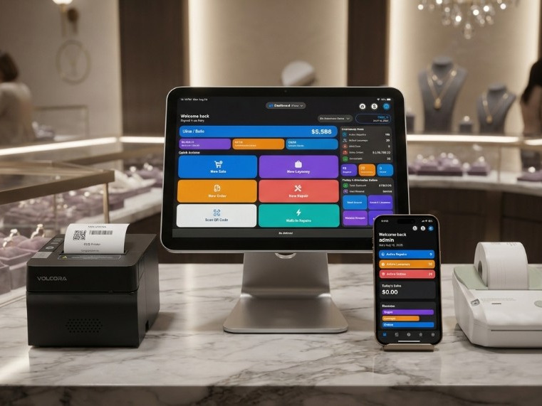iPad on a stand for the Jewelers Flow register