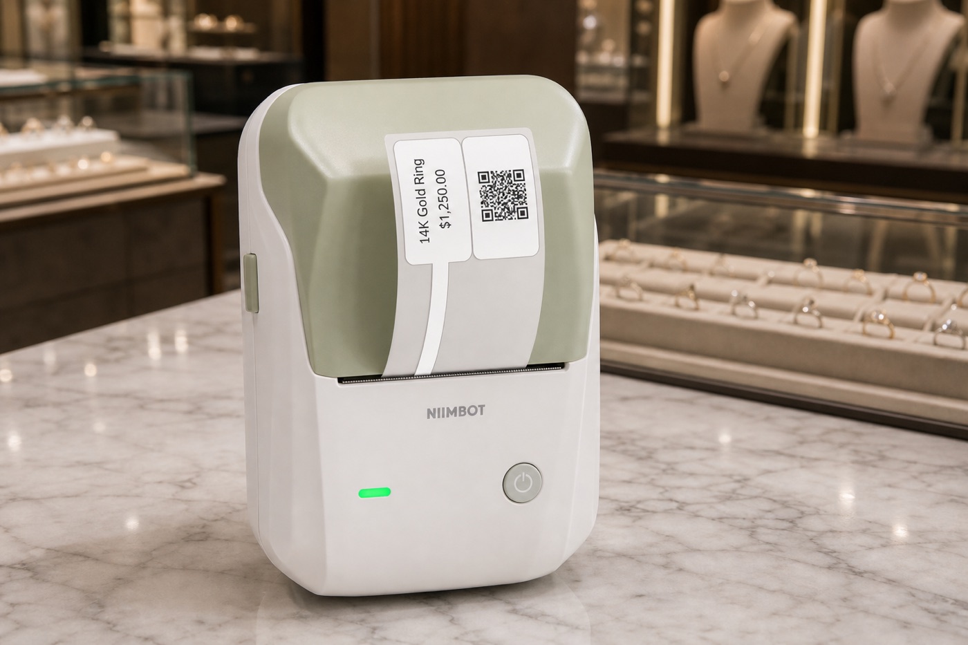 NIIMBOT Bluetooth printer with a jewelry hang tag