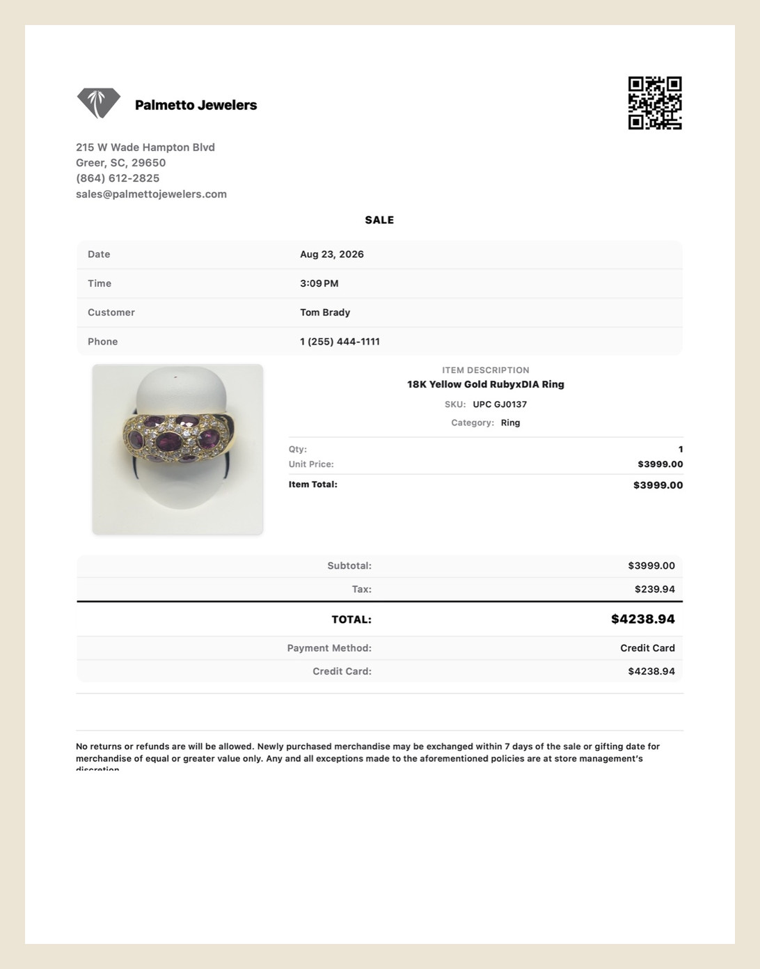 Sample Jewelers Flow AirPrint sale receipt on 8.5×11 letter paper with the piece photo, store logo, and receipt policy