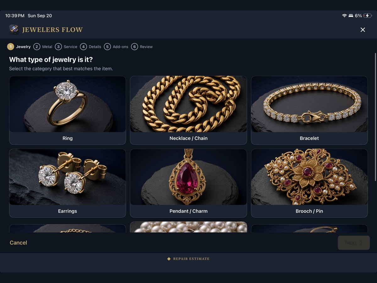 Jewelry repair estimator on iPad