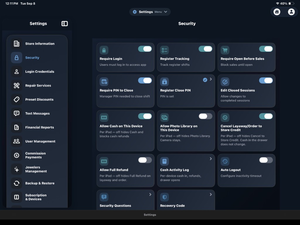 Security settings on iPad