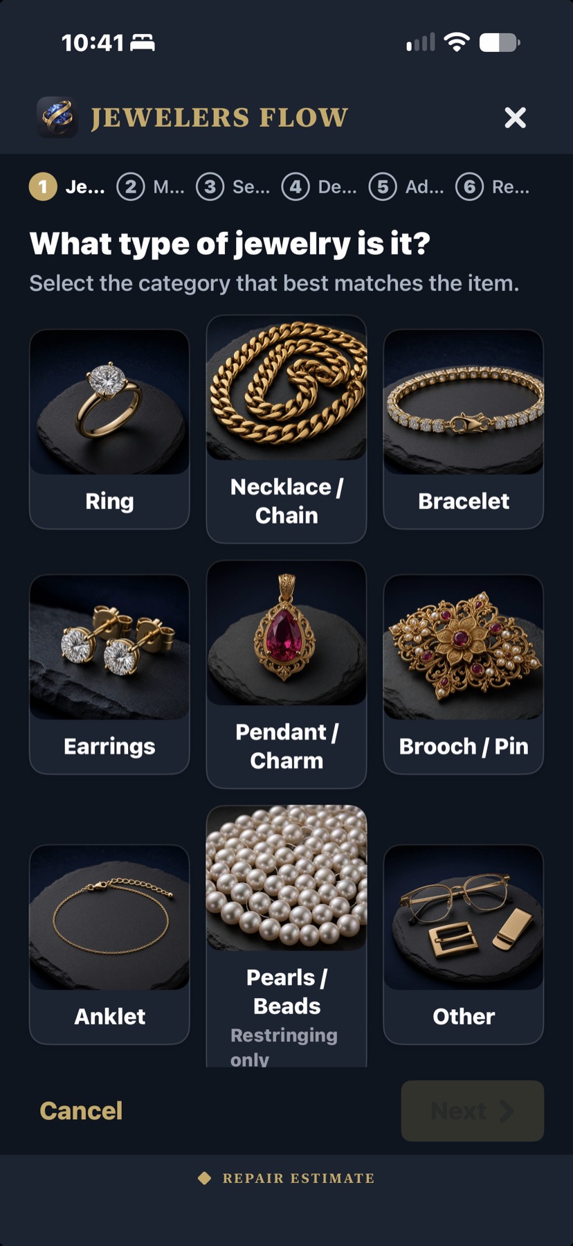 Jewelry repair estimator on iPhone
