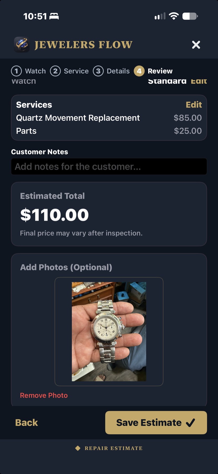 Watch repair estimator on iPhone
